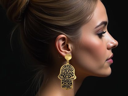 Gold-plated Turkish Dangle Earrings - Handmade Fatima Hand  Hamsa Design