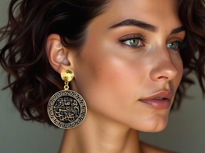 Gold Plated Turkish Calligraphy Drop Earrings - Handmade Medallion Roman Coin Design