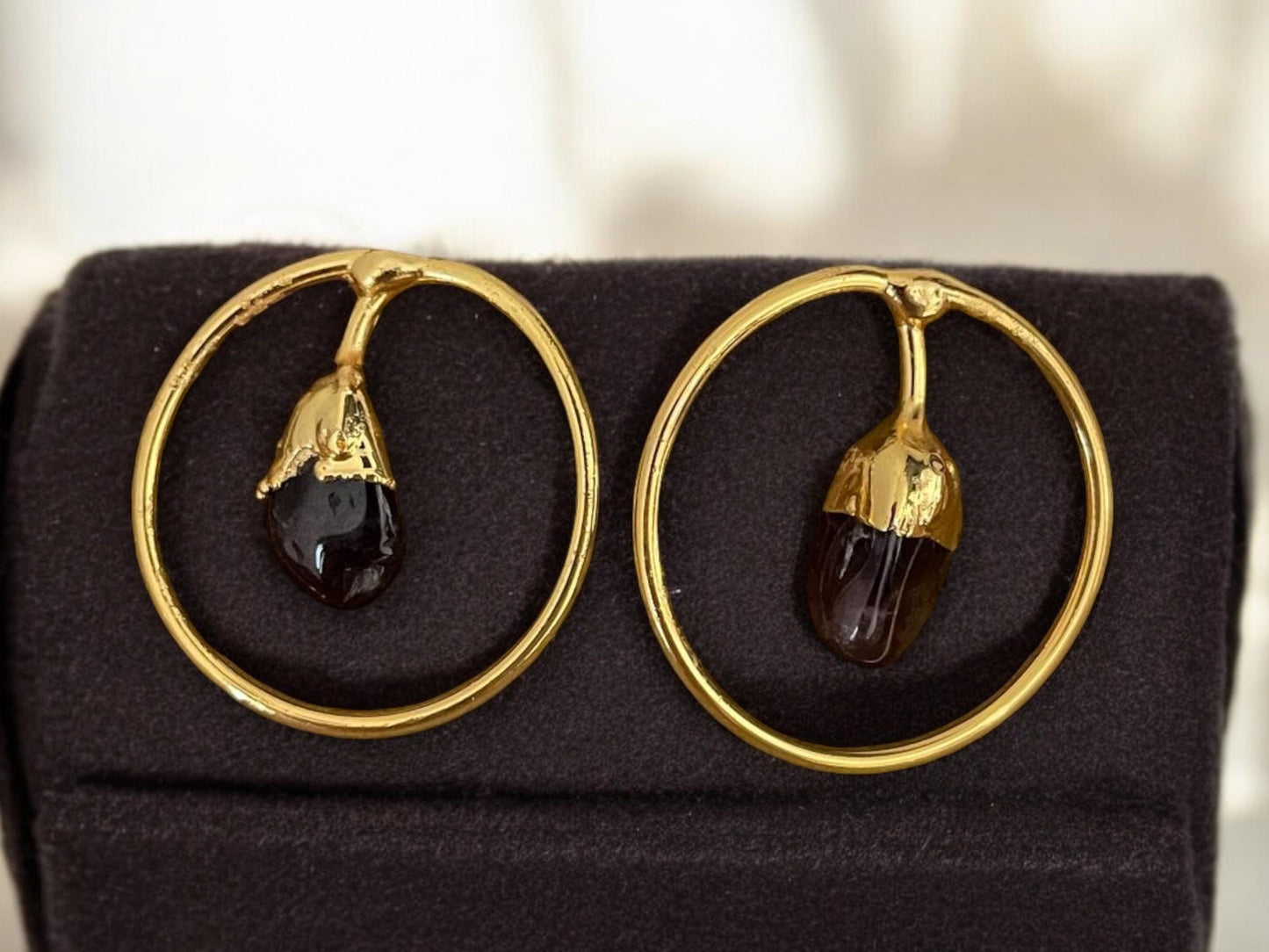 Gold Plated Agate Hoop Earrings - Handmade Minimalist Geometric Dangles