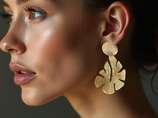 Chunky Leaf Earrings - Handmade 18K Gold-Plated Two-Tone Dangle Jewelry