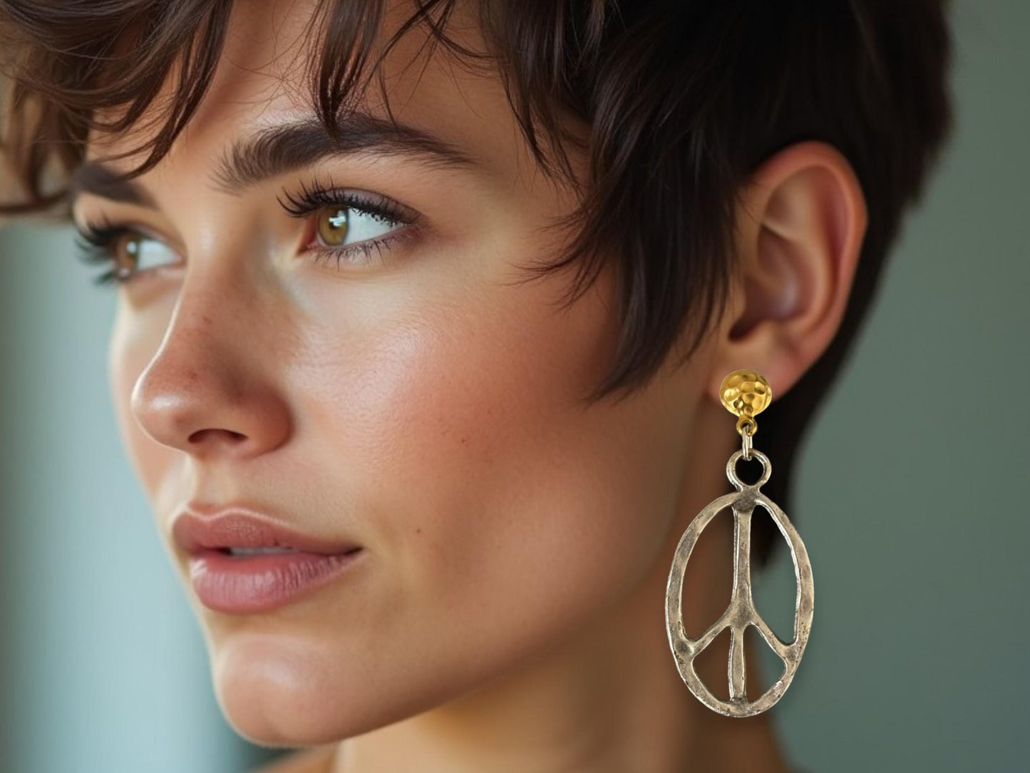 Boho Chic Two-Tone Gold-Plated Peace Symbol Earrings - Handmade Dangle Jewelry