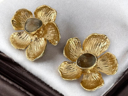 Chunky Agate Floral Stud Earrings - Handmade 18K Gold Plated