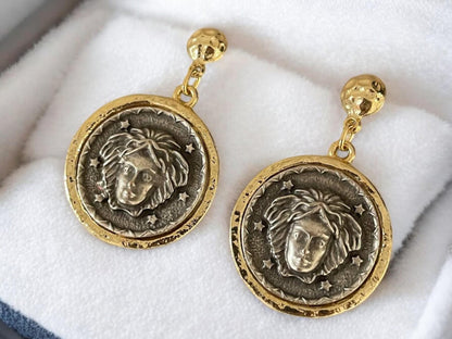 18k Gold Plated Medusa Coin Earrings - Handmade Bohemian Jewelry from Turkiye