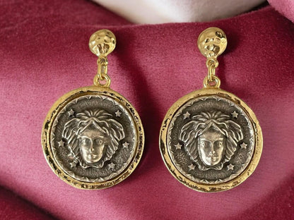 18k Gold Plated Medusa Coin Earrings - Handmade Bohemian Jewelry from Turkiye