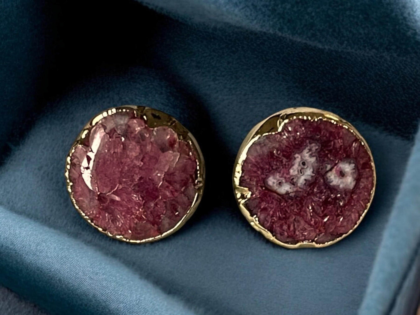 Geode Stud Earrings - Handmade Gold Plated Red  Green Stone Jewelry