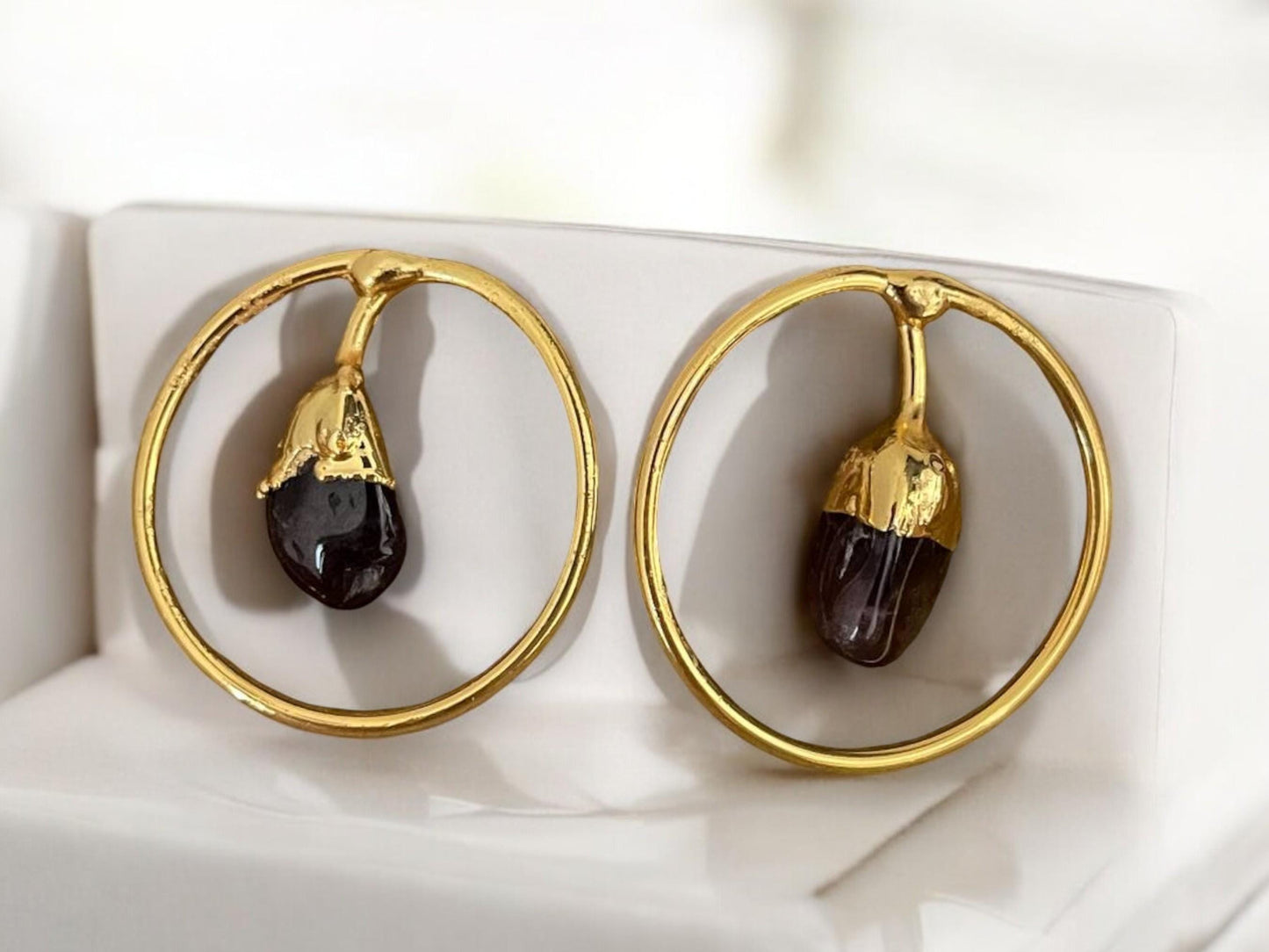 Gold Plated Agate Hoop Earrings - Handmade Minimalist Geometric Dangles