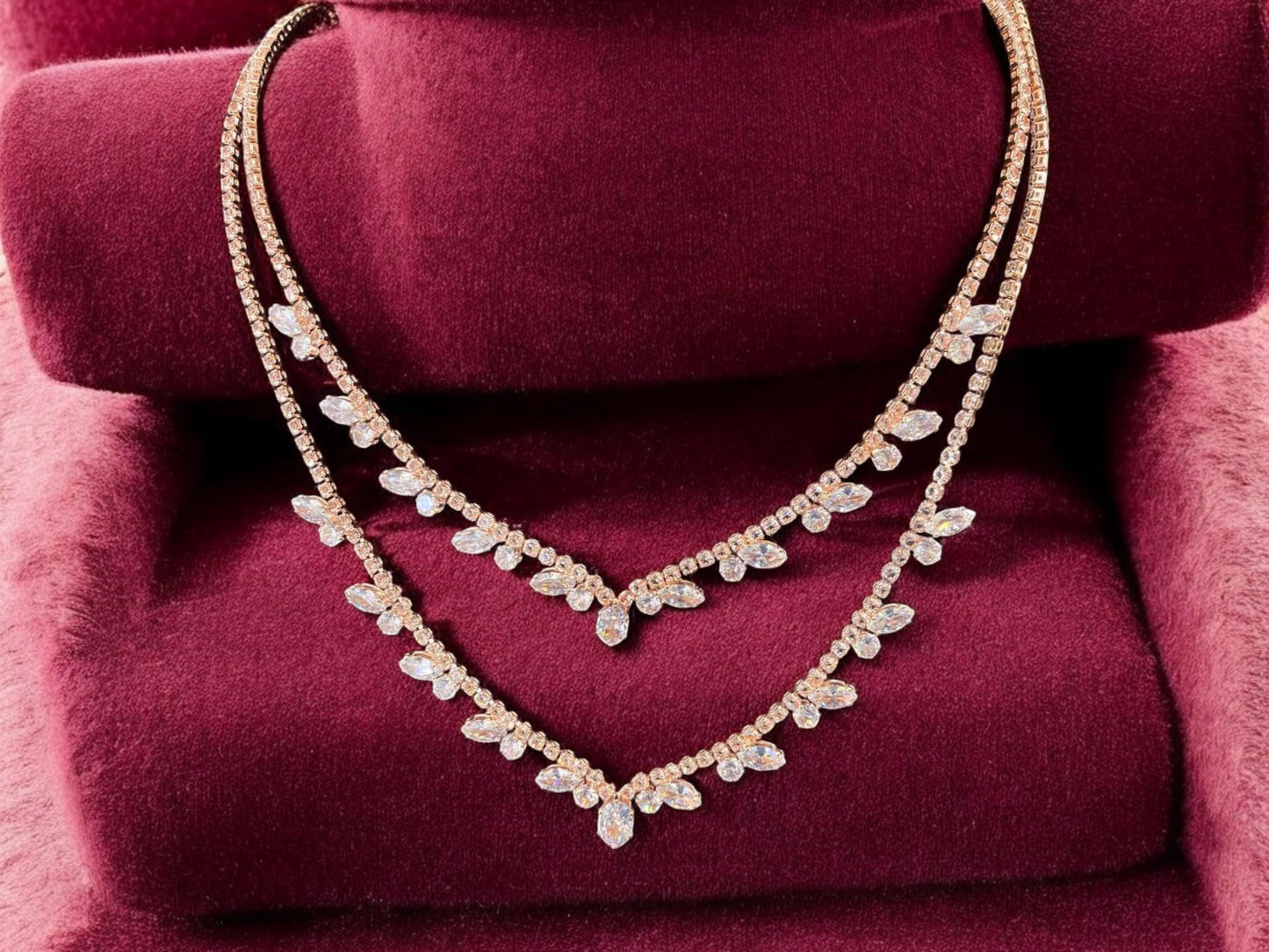 Gold Plated Two-Layer Necklace - Sparkling Cubic Zirconia Bridal Statement Jewelry