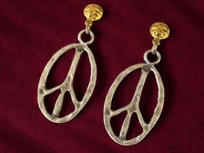 Boho Chic Two-Tone Gold-Plated Peace Symbol Earrings - Handmade Dangle Jewelry