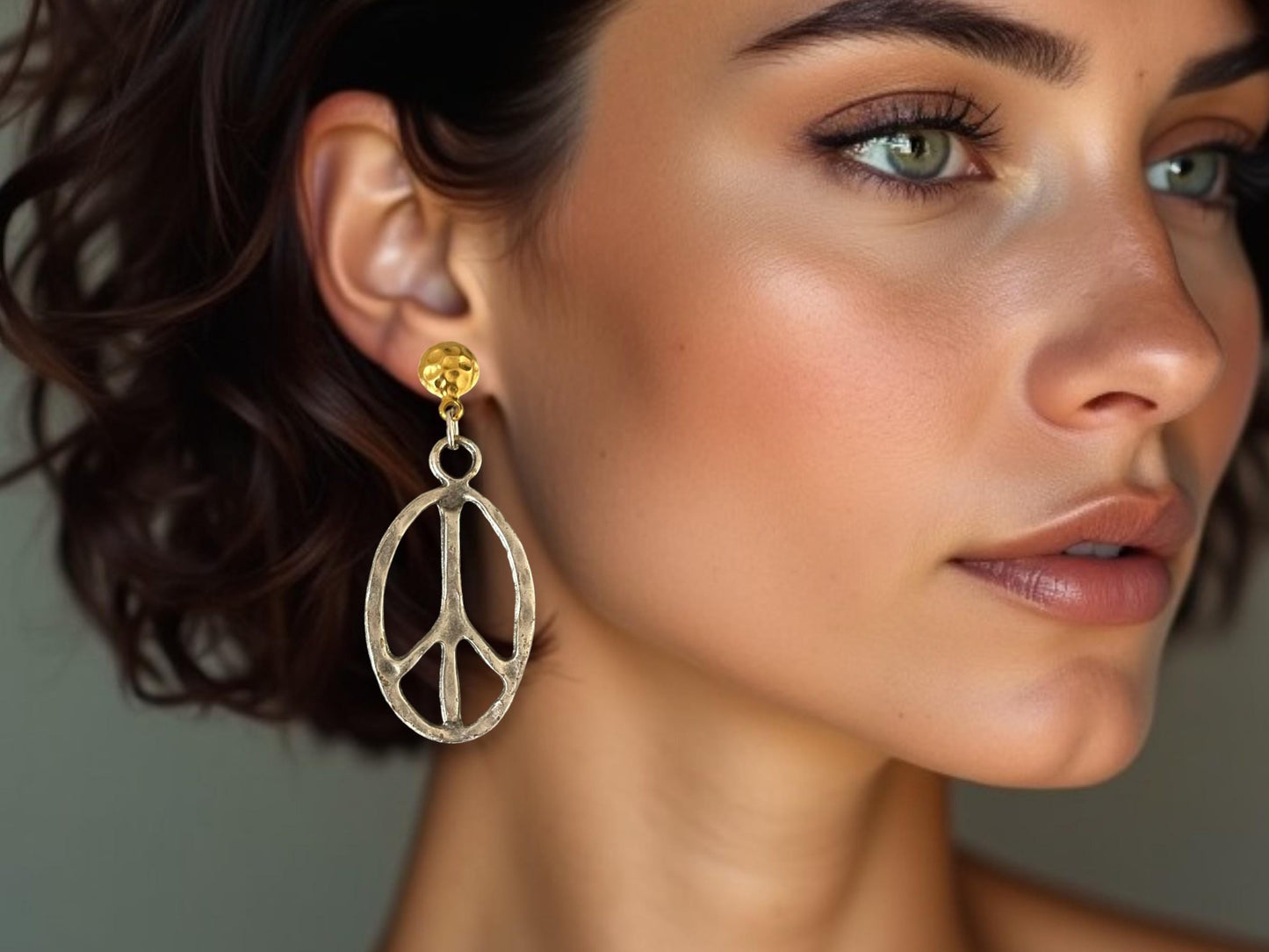 Boho Chic Two-Tone Gold-Plated Peace Symbol Earrings - Handmade Dangle Jewelry