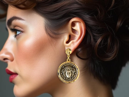 18k Gold Plated Medusa Coin Earrings - Handmade Bohemian Jewelry from Turkiye