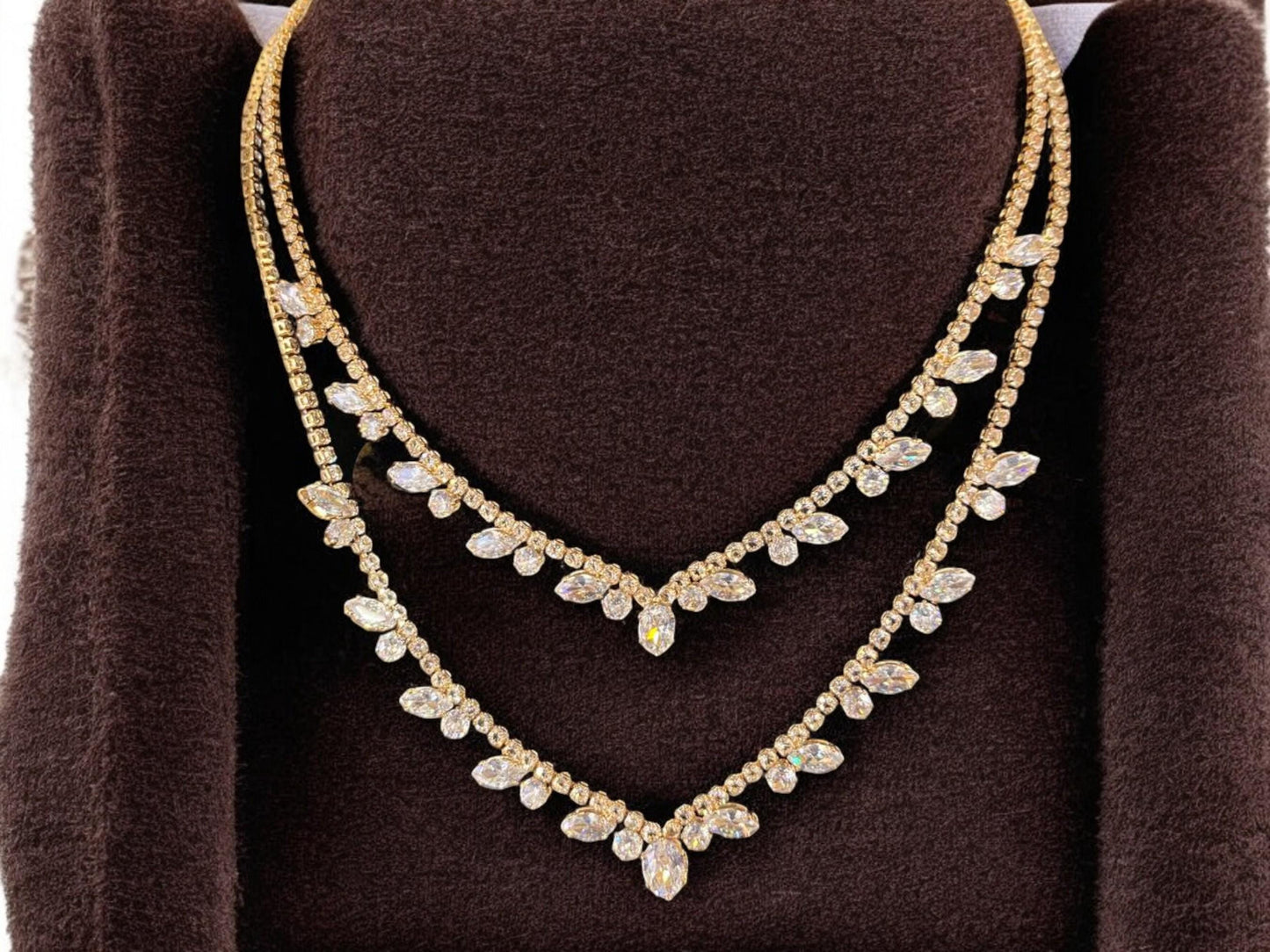 Gold Plated Two-Layer Necklace - Sparkling Cubic Zirconia Bridal Statement Jewelry