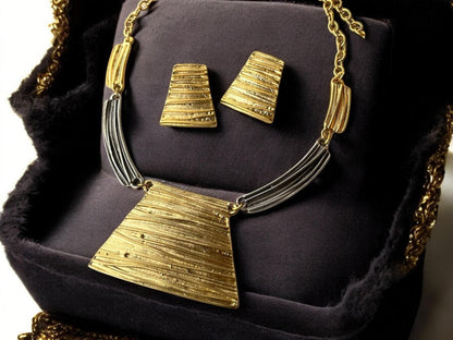 Bold Geometric Bib Necklace  Earring Set - Handmade Two-tone Silver Gold Plated Jewelry