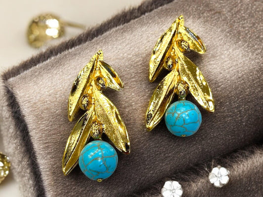 18K Gold Plated Olive Leaf Earrings - Turquoise Boho Dangle Jewelry