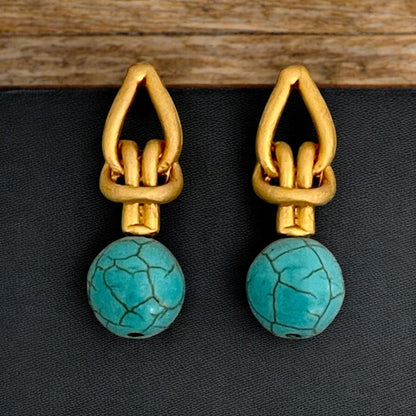 Handmade Turquoise Bead Knot Earrings - 18K Gold Plated Bohemian Dangle Jewelry