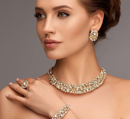 Gold Rhinestone Bridal Jewelry Set - Chunky Statement Necklace Earrings  Bracelet