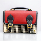 Vegan Leather Handbag – Handmade French Red Houndstooth Bag with Navy Buckle Straps by navichi