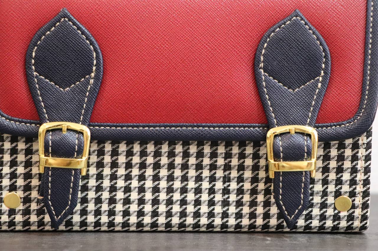 Vegan Leather Handbag – Handmade French Red Houndstooth Bag with Navy Buckle Straps