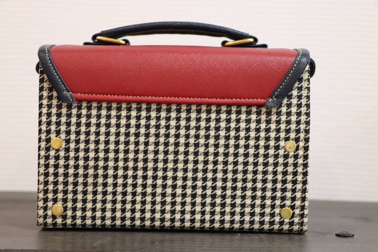 Vegan Leather Handbag – Handmade French Red Houndstooth Bag with Navy Buckle Straps