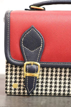 Vegan Leather Handbag – Handmade French Red Houndstooth Bag with Navy Buckle Straps by navichi