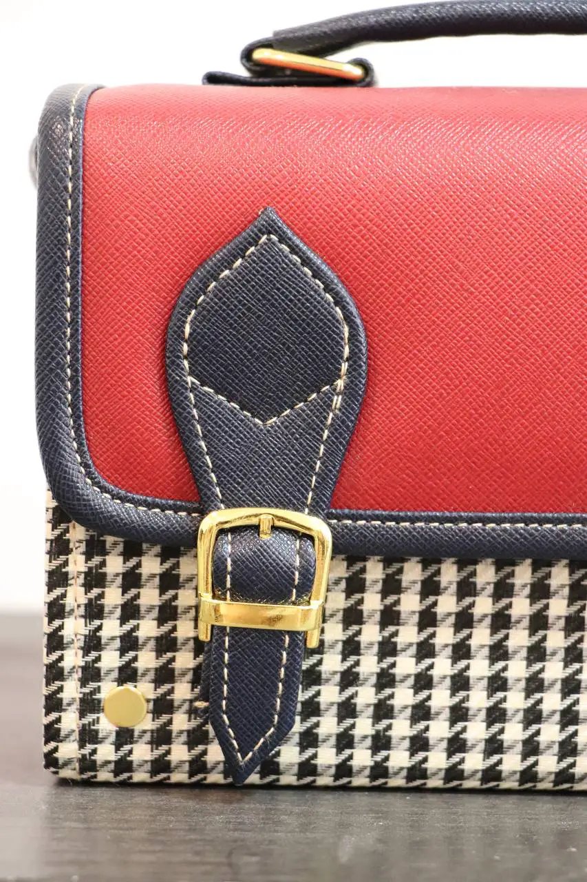 Vegan Leather Handbag – Handmade French Red Houndstooth Bag with Navy Buckle Straps by navichi
