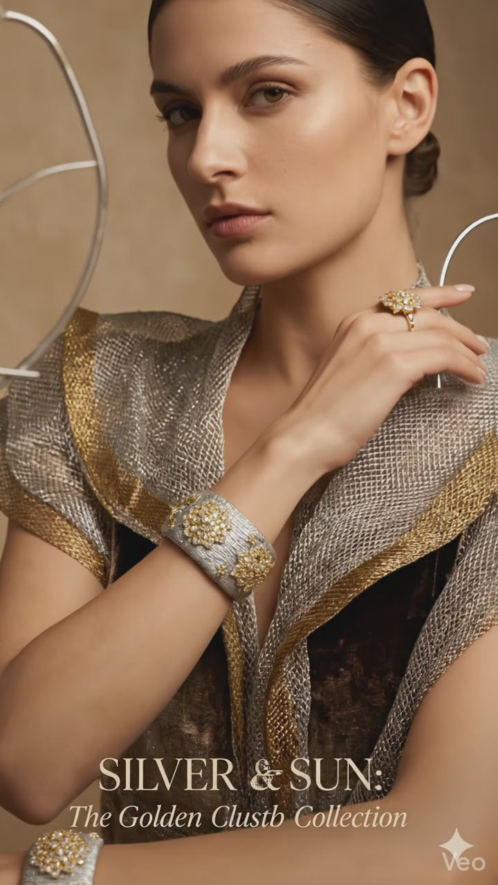 Gold Plated Bracelet – Cubic Zirconia Ring & Flower Pattern Vintage Copper Bangles Set