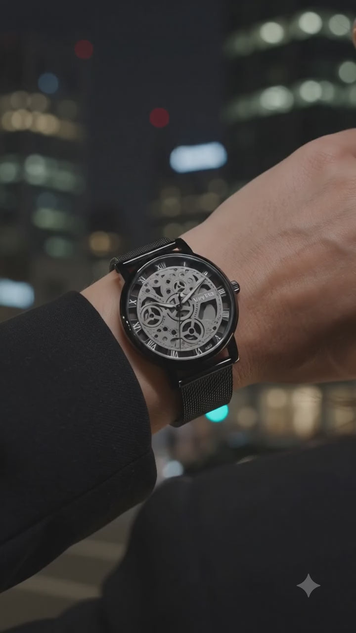 Skeleton Watch With Metal Mesh Band Exclusive Collection Faux Mechanical Quartz