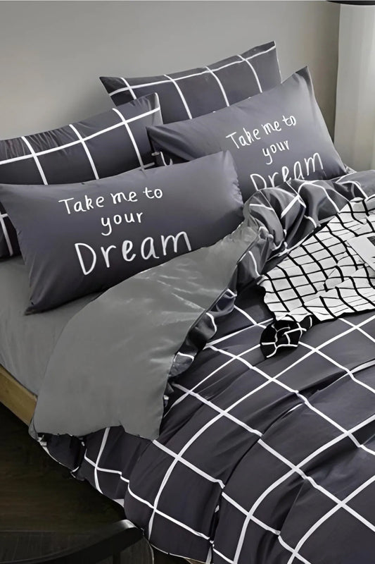 Modern Black & White Grid Double Sided Bedding Set - "Take Me to Your Dream" | Soft & Stylish Single Duvet Cover with Fitted Sheet