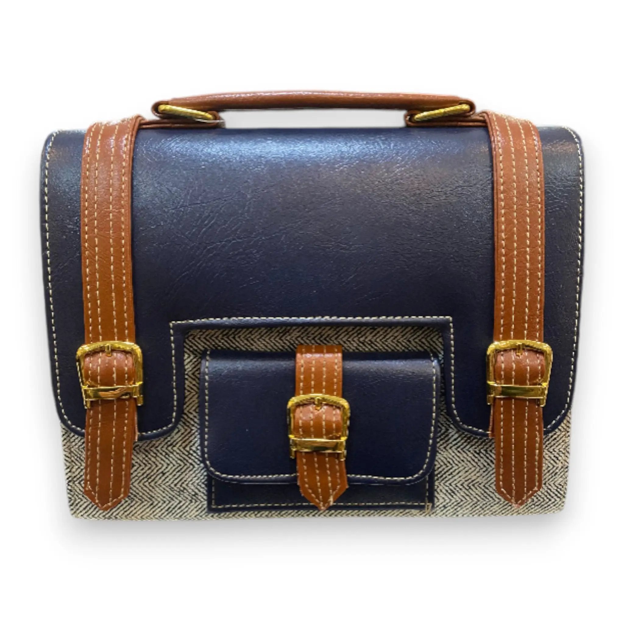 Vegan Leather Satchel – Handmade Navy Tan Two Tone Crossbody with Gold Buckles by navichi
