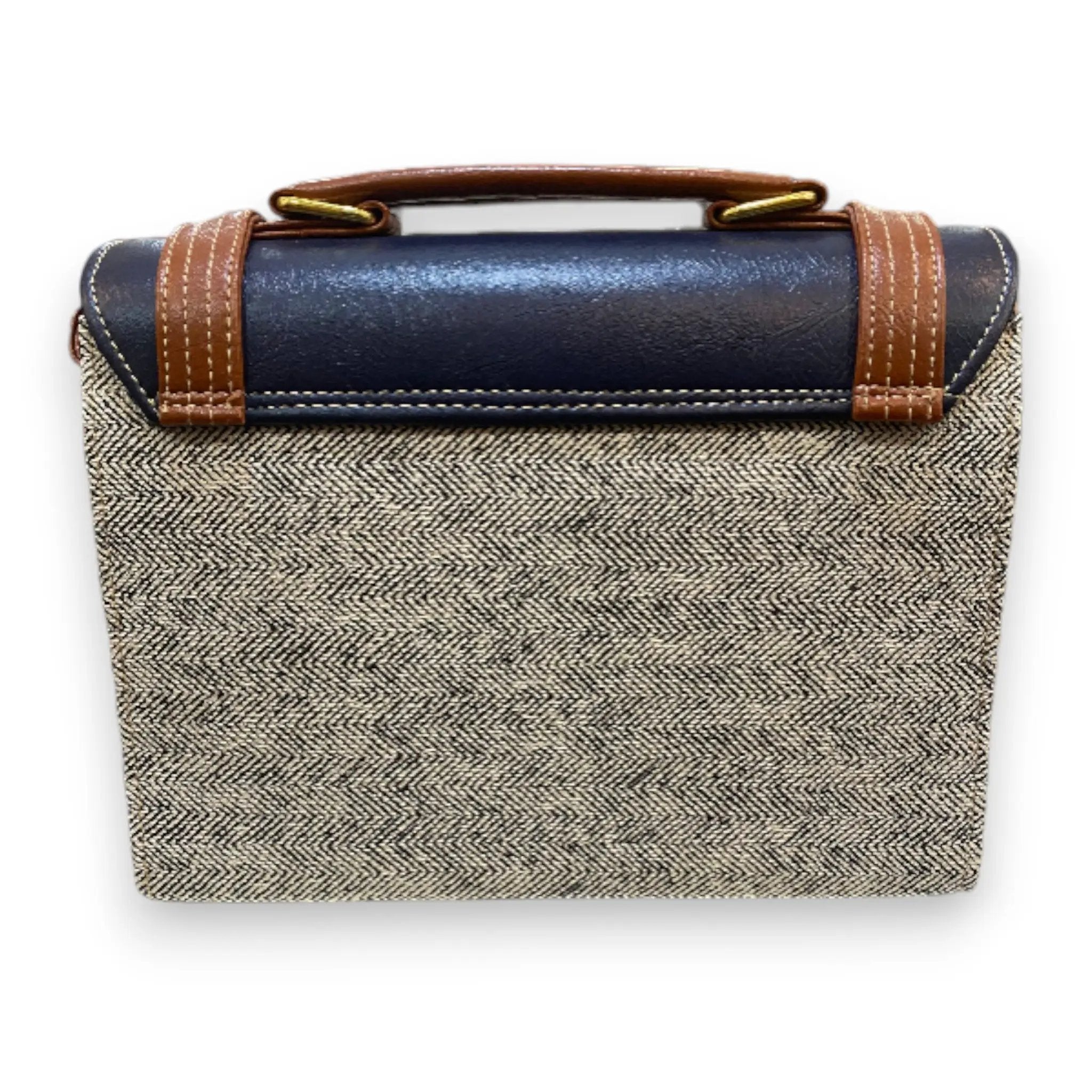 Vegan Leather Satchel – Handmade Navy Tan Two Tone Crossbody with Gold Buckles by navichi