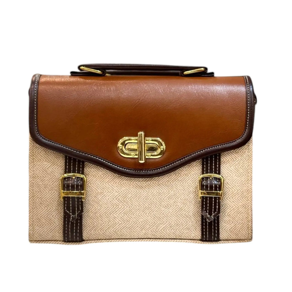 Canvas Leather Satchel – Vintage Brown Vegan Leather Bag With Gold Buckle by navichi