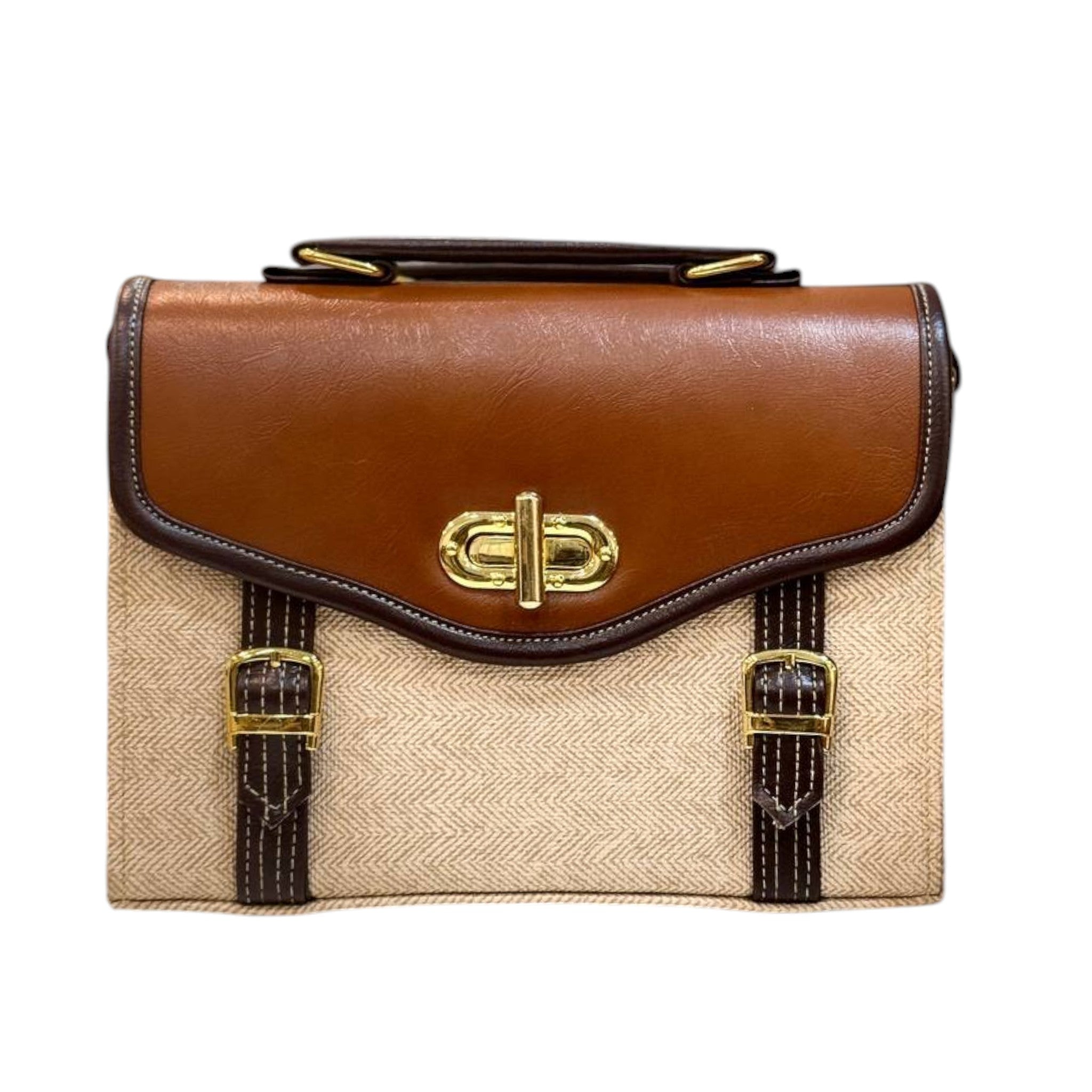 Classic Canvas & Leather Satchel Bag – Vintage Brown and Beige