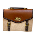 حقيبة كتف من الجلد والقماش – حقيبة جلد نباتي بني عتيق بإبزيم ذهبي