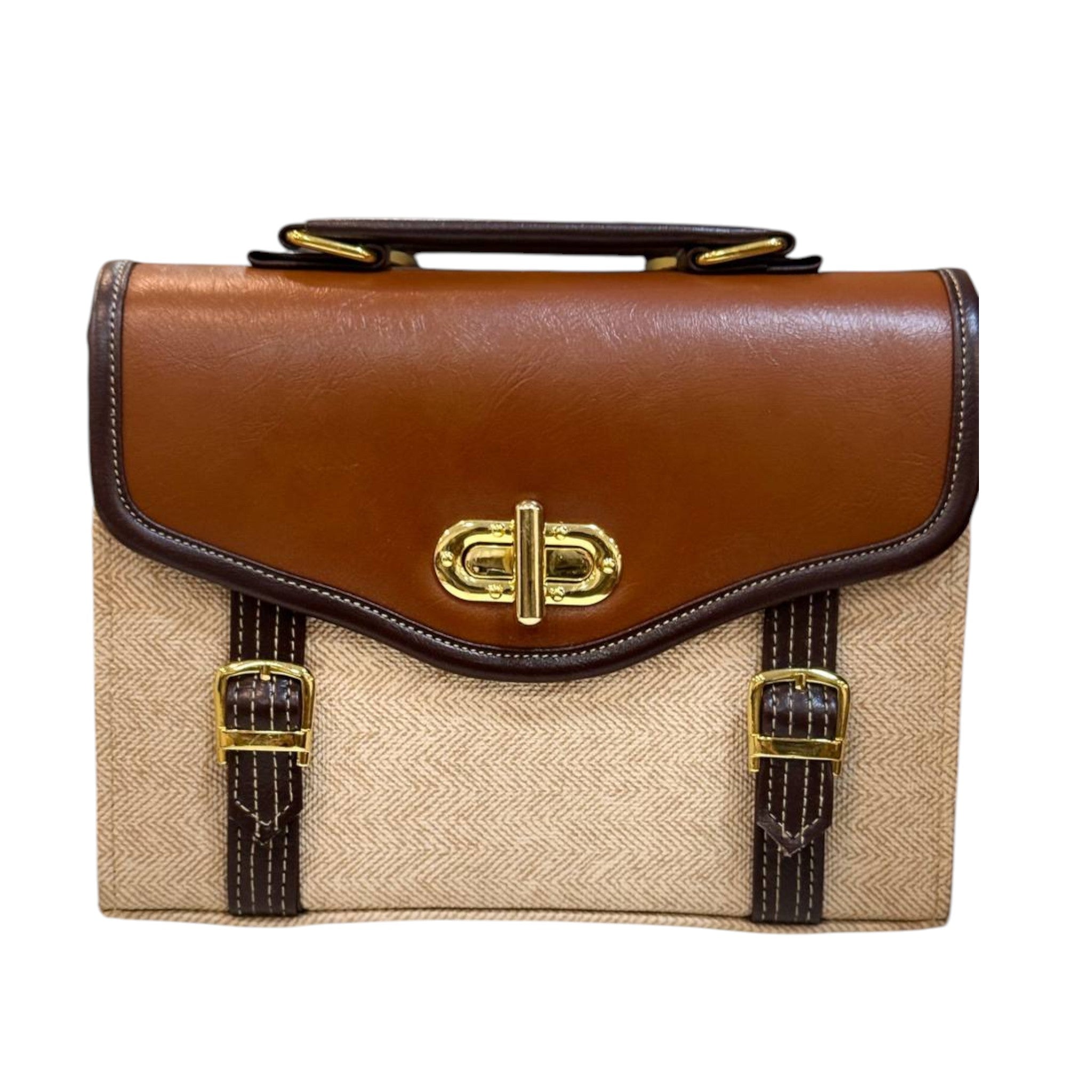 Classic Canvas & Leather Satchel Bag – Vintage Brown and Beige