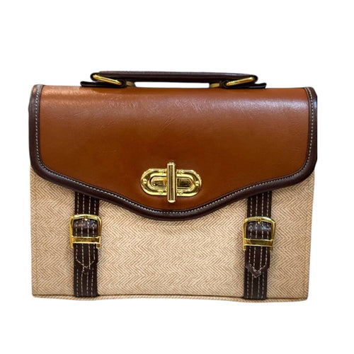 Canvas Leather Satchel – Vintage Brown Vegan Leather Bag With Gold Buckle