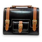 Vegan Leather Satchel – Handmade Black and Tan Structured Crossbody Bag with Gold Buckles by navichi