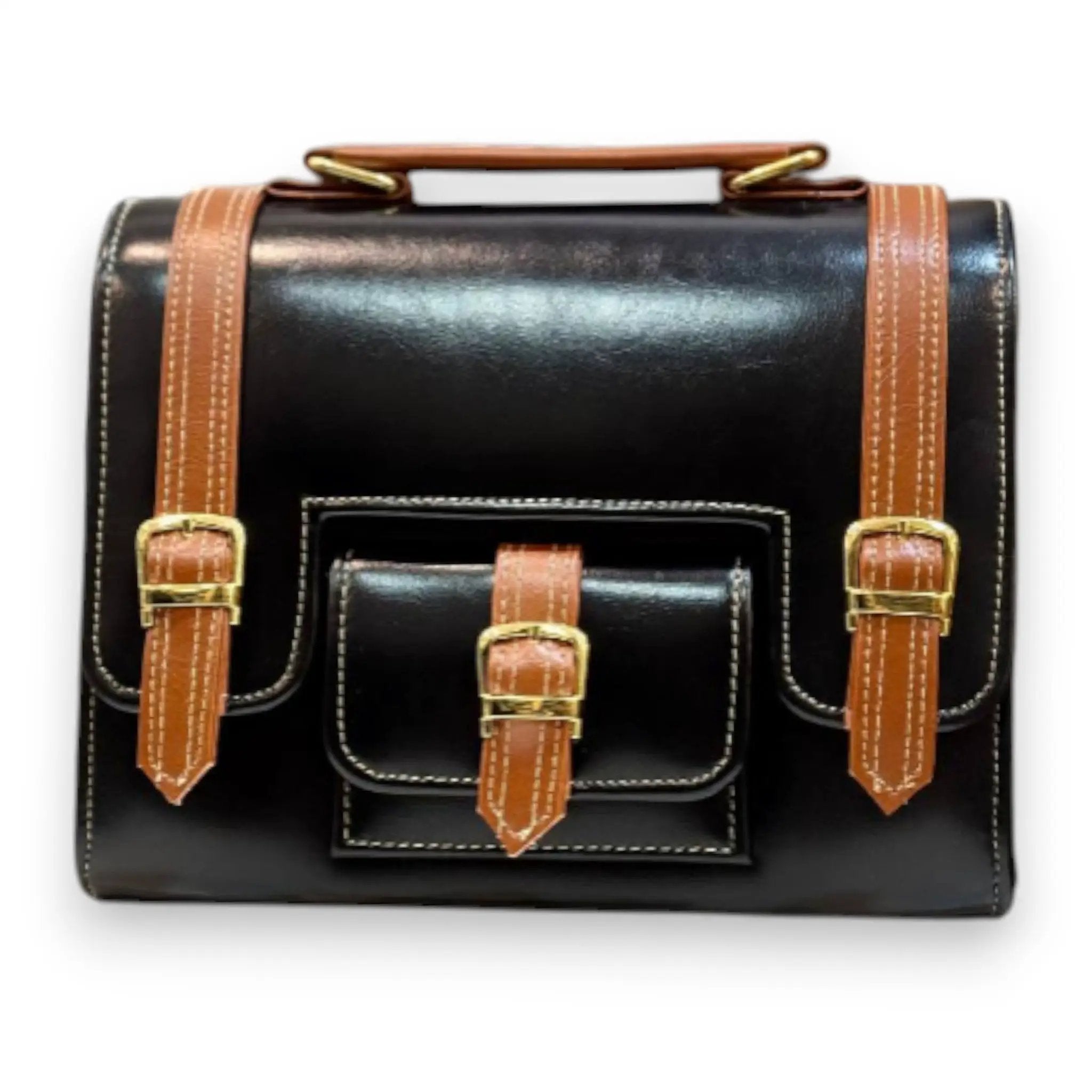 Vegan Leather Satchel – Handmade Black and Tan Structured Crossbody Bag with Gold Buckles by navichi