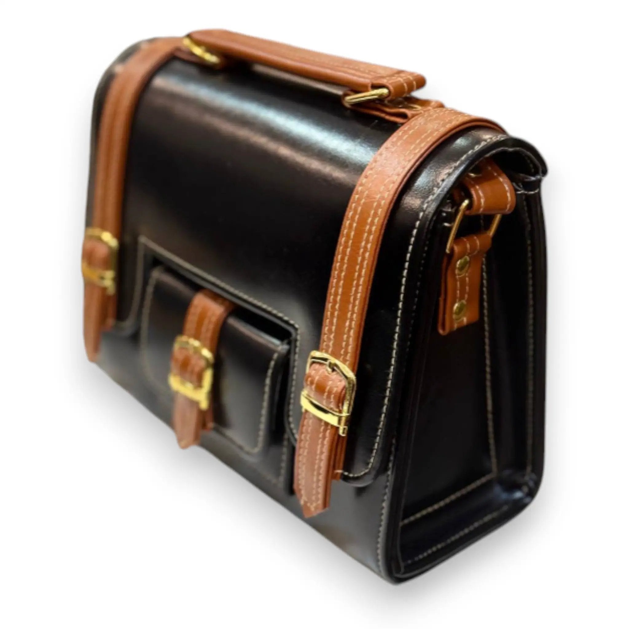 Vegan Leather Satchel – Handmade Black and Tan Structured Crossbody Bag with Gold Buckles by navichi