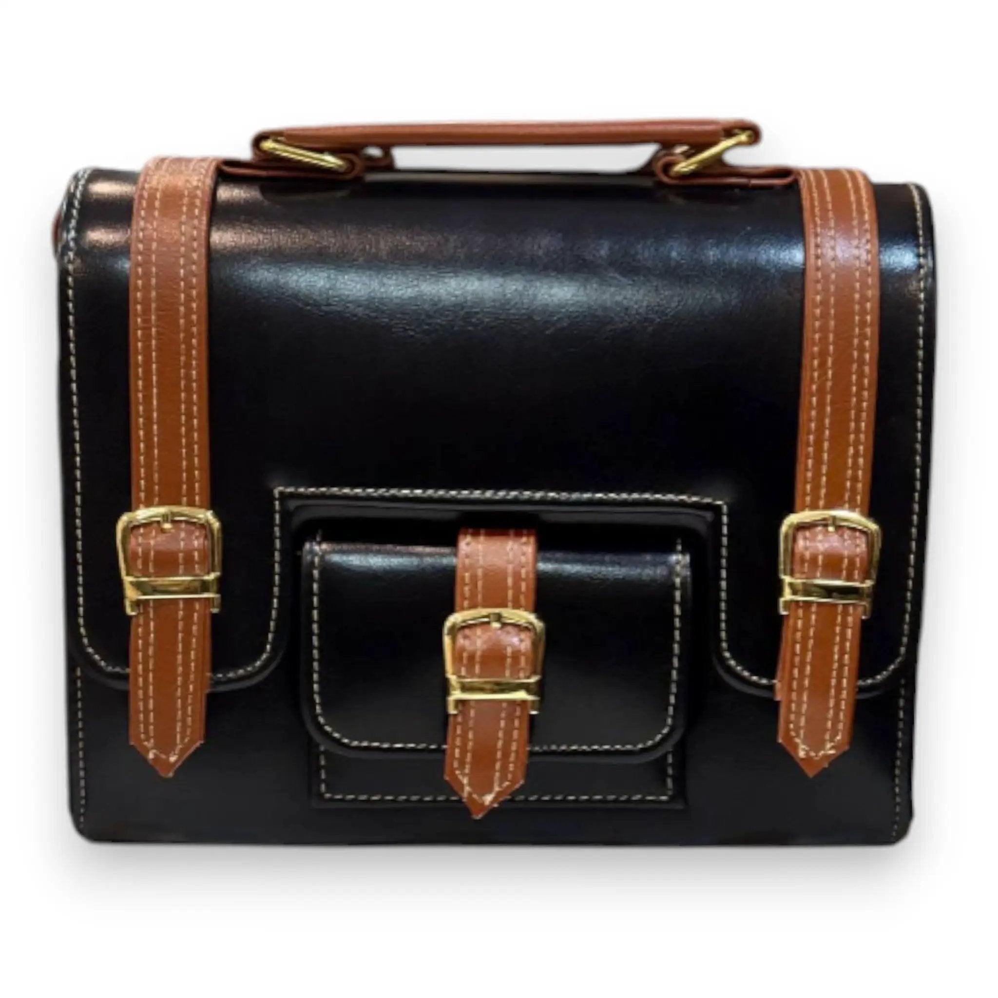 Vegan Leather Satchel – Handmade Black and Tan Structured Crossbody Bag with Gold Buckles by navichi
