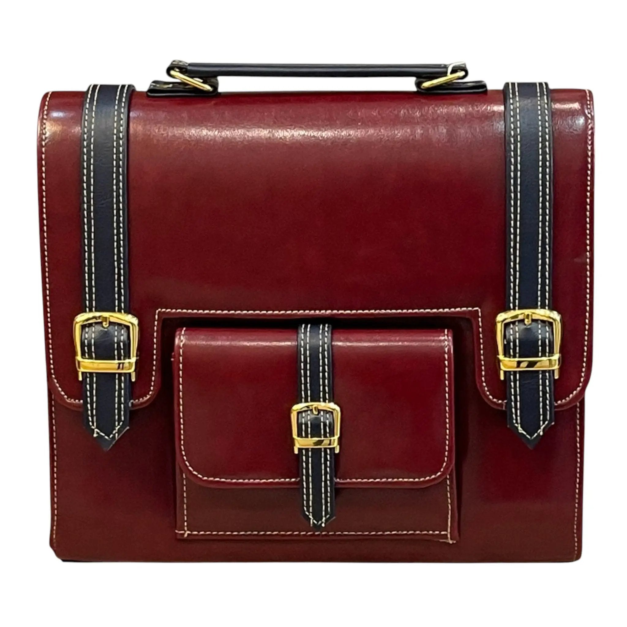 Vegan Leather Satchel – Handmade Burgundy Structured Bag with Gold Buckle by navichi